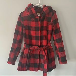 Plaid Hooded Women's Jacket - Red and Black